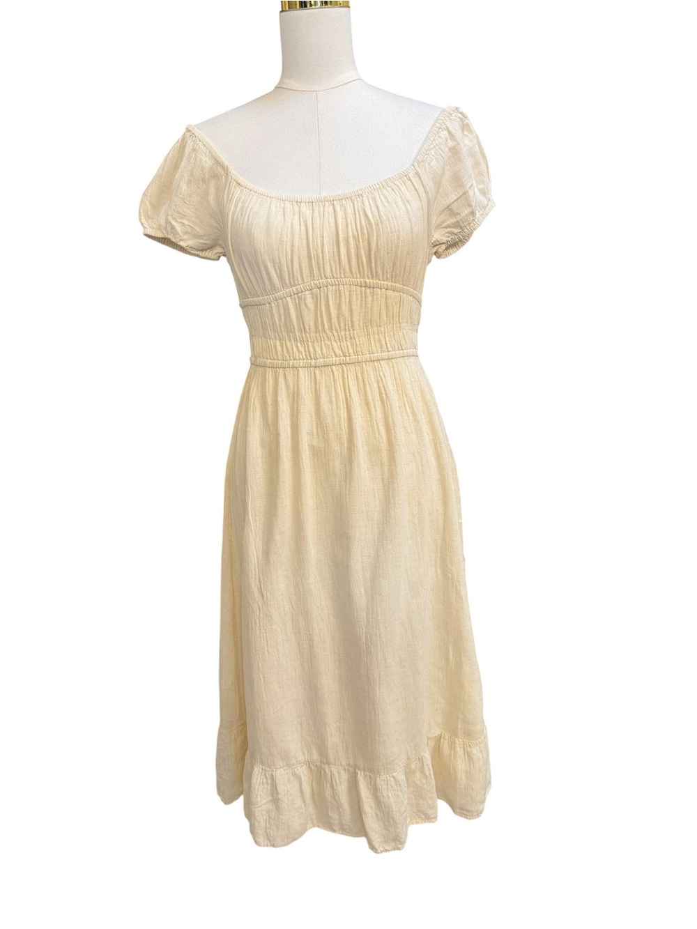 SIM & SAM Cream Linen Blend Smocked Midi Dress Size M Cottagecore Boho - Picture 5 of 6